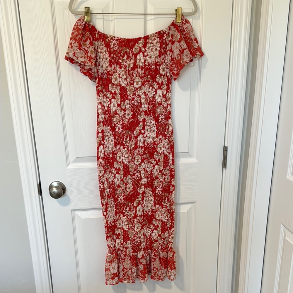 Lulu's Red and White Off-Shoulder Flutter Sleeve Midi Sundress